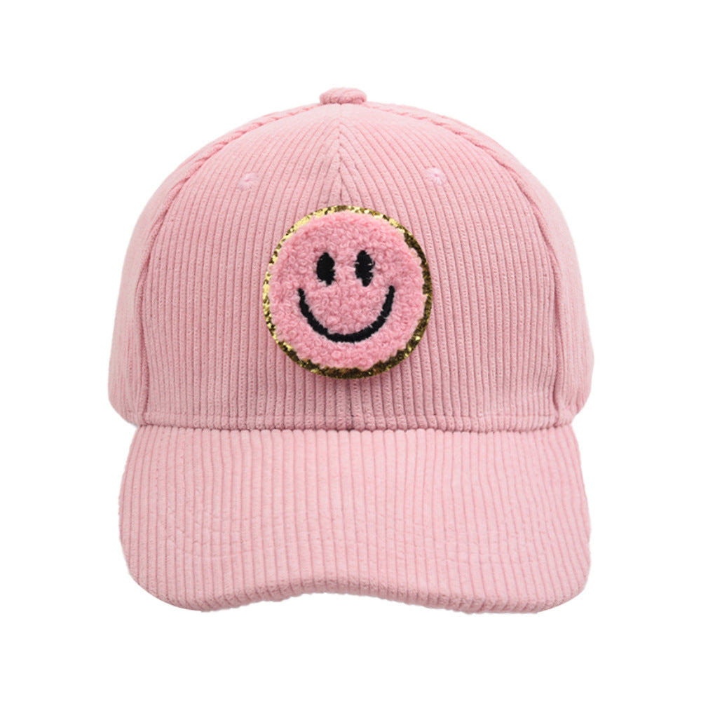 Smiley Corduroy Baseball Cap Fuzzy Patch Cap