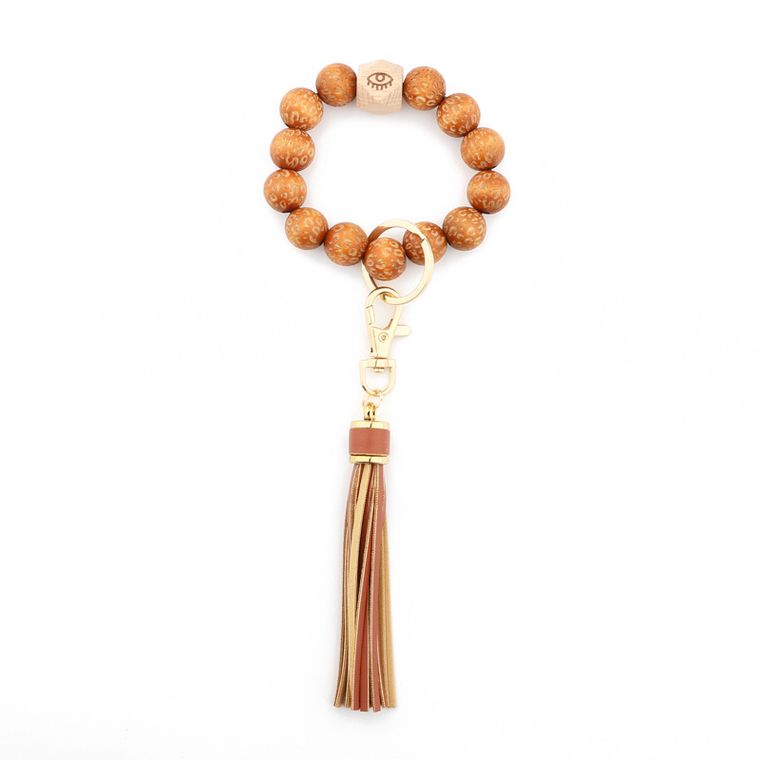 Leopard Wood Bead Bracelet Keychain