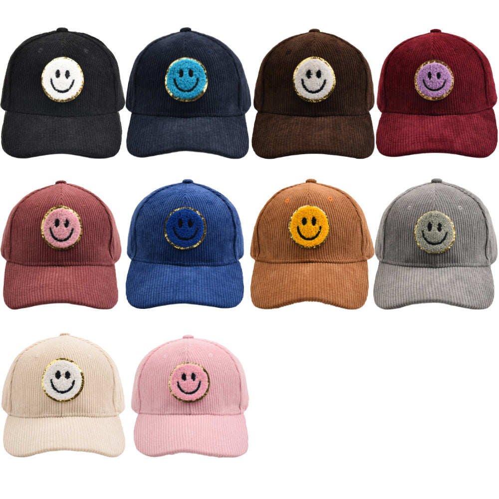 Smiley Corduroy Baseball Cap Fuzzy Patch Cap