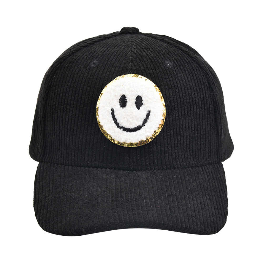 Smiley Corduroy Baseball Cap Fuzzy Patch Cap