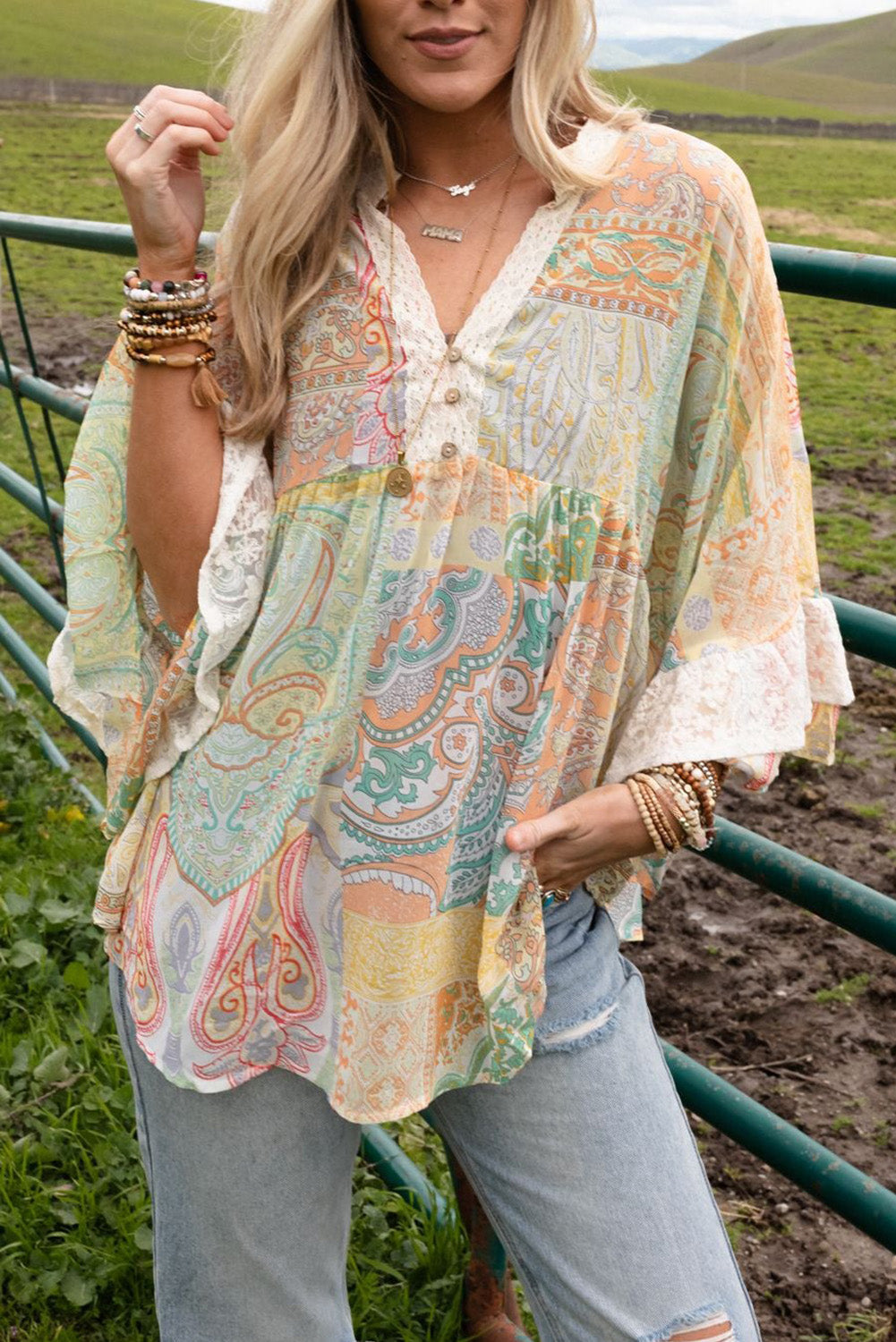 Paisley Print Bell Sleeve Button Sheer Blouse