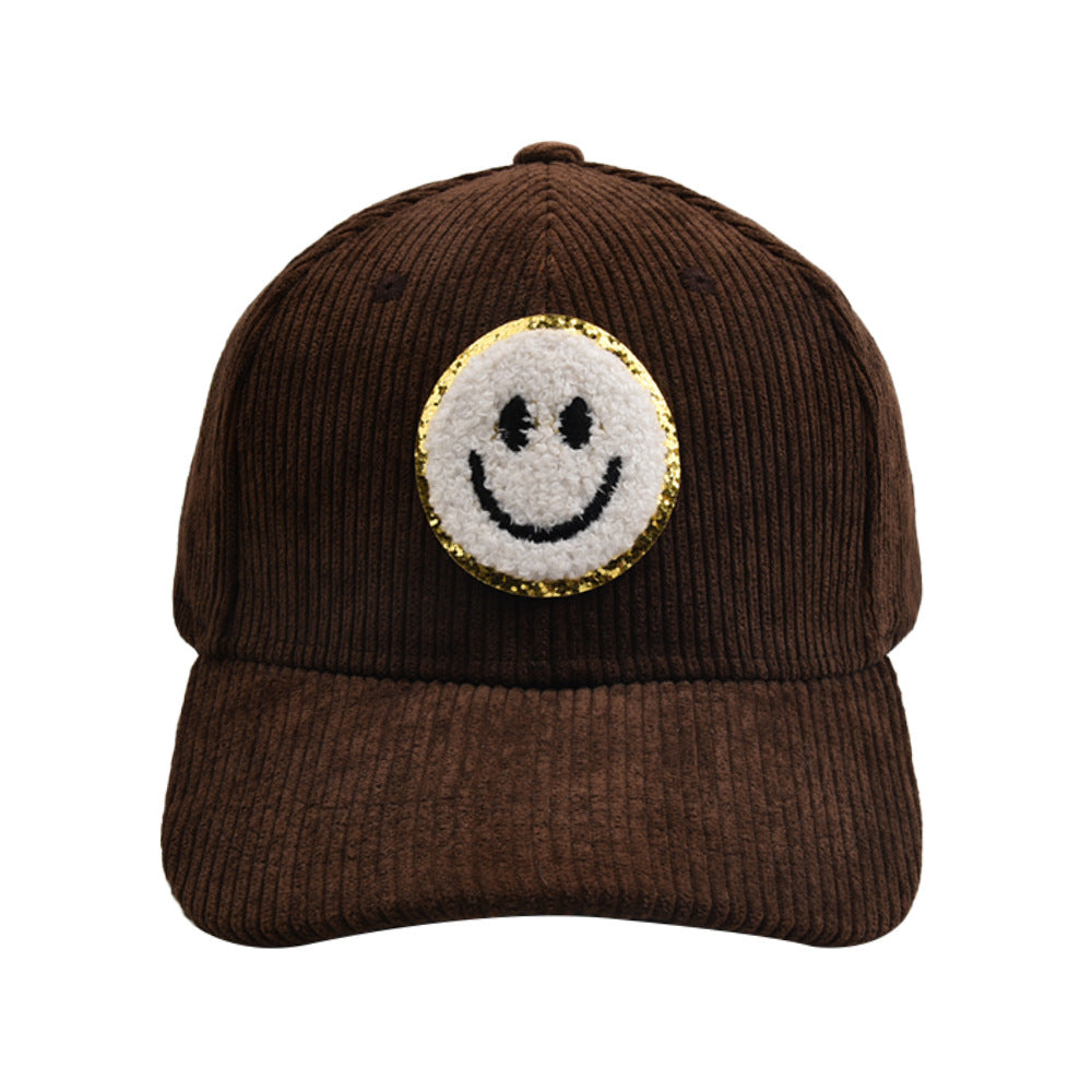 Smiley Corduroy Baseball Cap Fuzzy Patch Cap