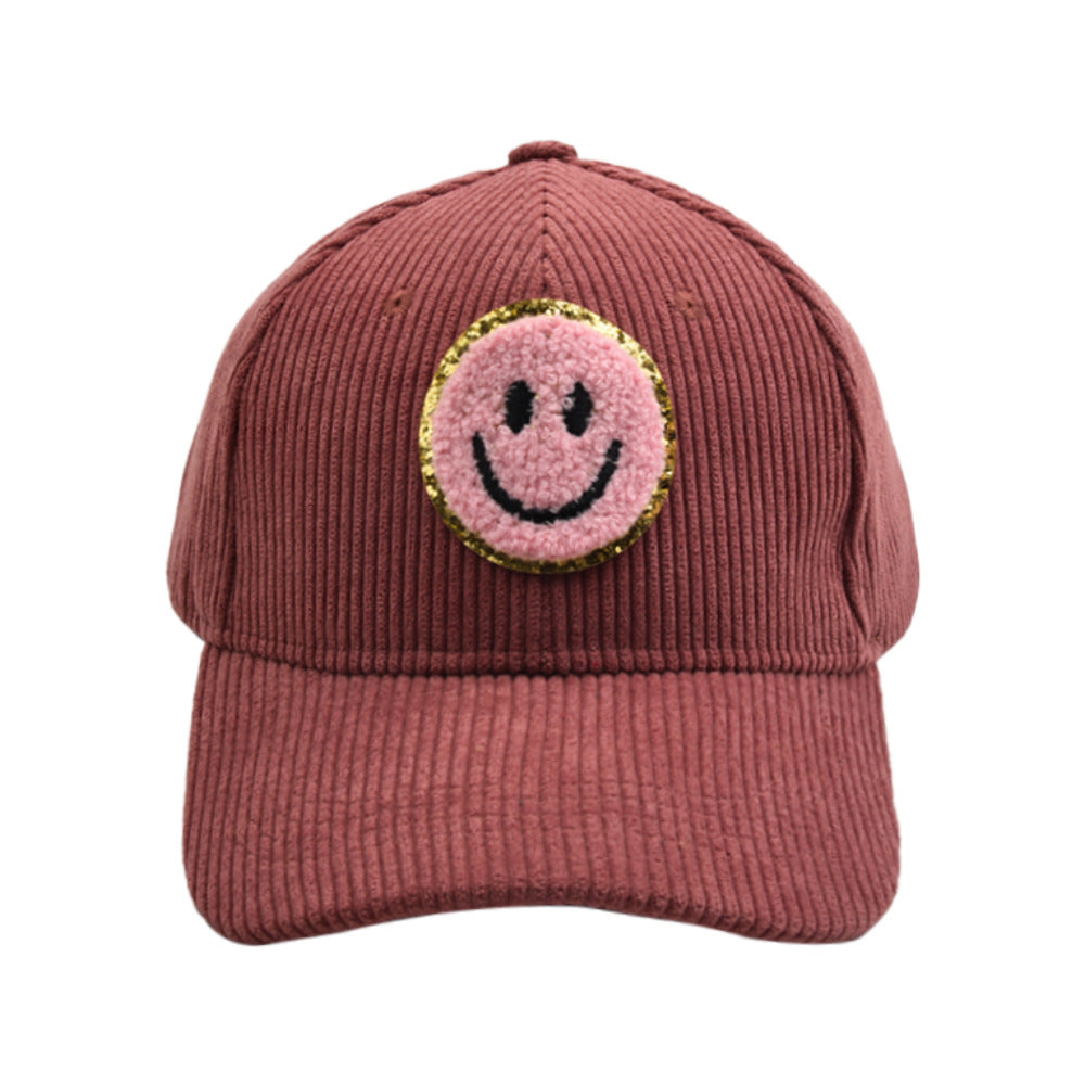 Smiley Corduroy Baseball Cap Fuzzy Patch Cap