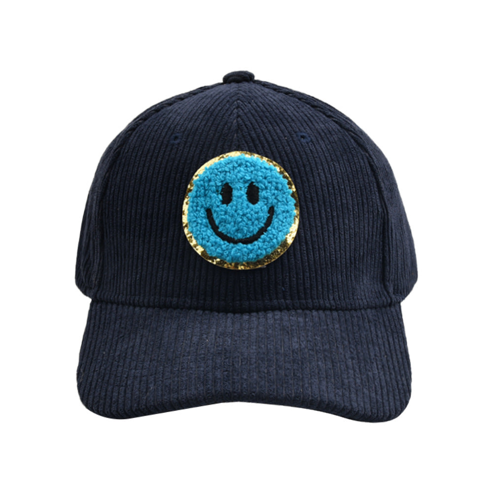 Smiley Corduroy Baseball Cap Fuzzy Patch Cap